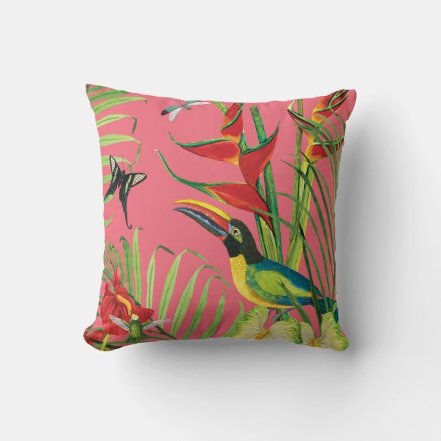 Tropisch Oerwoud Toucan Bird Pink Waterverf Floral Kussen (Voorkant)