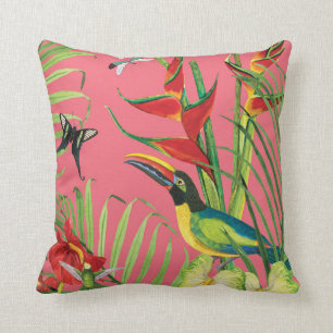 Tropisch Oerwoud Toucan Bird Pink Waterverf Floral Kussen