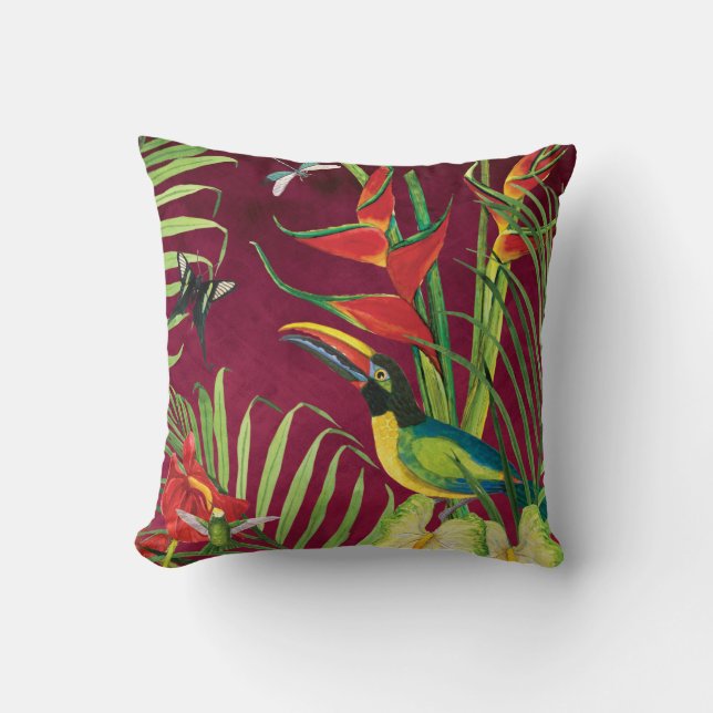 Tropisch Oerwoud Toucan Bird Waterverf Floral Palm Kussen (Voorkant)