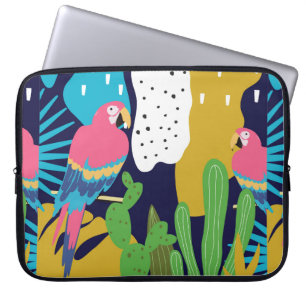 Tropisch oerwoud verlaat achtergrond met papegaaie laptop sleeve
