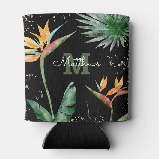 Tropisch olievalk Monogram Script Gold Black Blikjeskoeler (Achterkant)