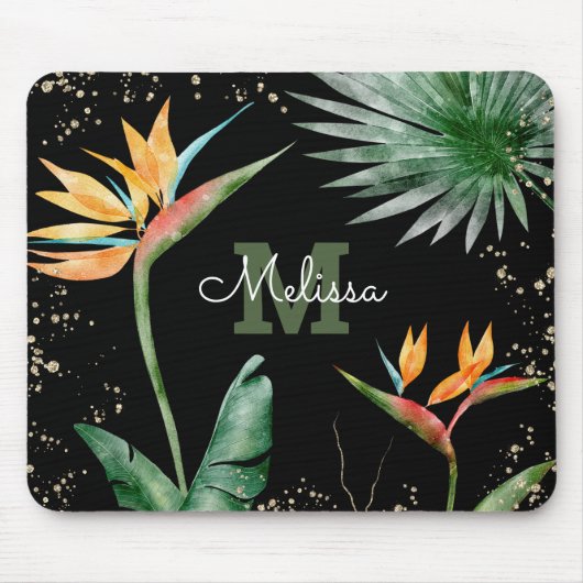 Tropisch olievalk Monogram Script Gold Black Muismat (Voorkant)