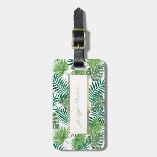 Tropisch olievlekken flespatroon met botanische bl bagagelabel (Voorkant verticaal)