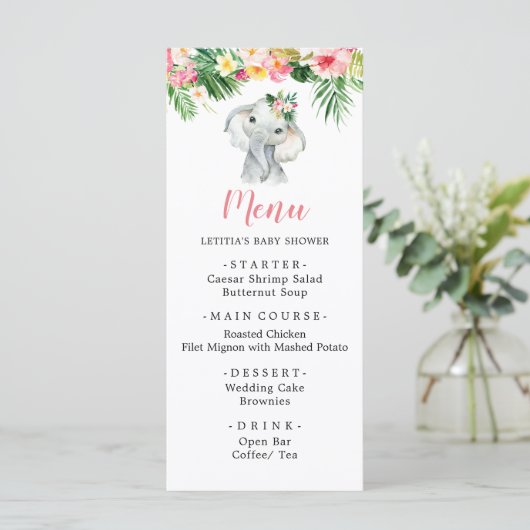 Tropisch Olifant Meisje Baby Shower Menukaart (Staand voorkant)
