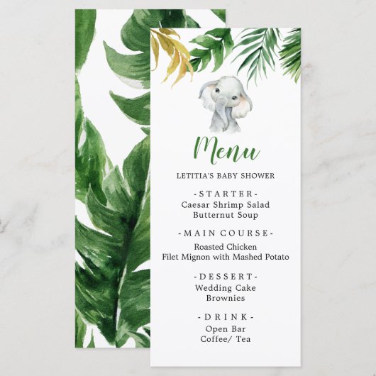 Tropisch olifantje jongen baby shower menu bord (Voorkant / Achterkant)