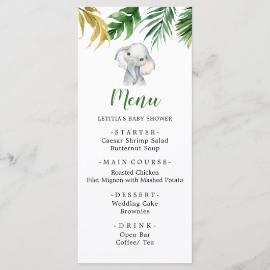 Tropisch olifantje jongen baby shower menu bord (Voorkant)