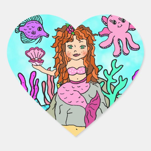 Tropisch onder het Zee Red Hazard Mermaid Hart Sticker (Voorkant)