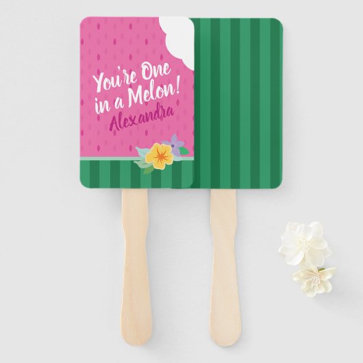 Tropisch "One in A Melon" roze en groene watermelo Handwaaier (Voorkant en achterkant)