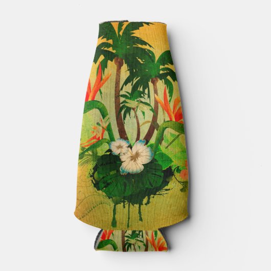 Tropisch ontwerp met bloemen en palmbomen flesjeskoeler (Voorkant)