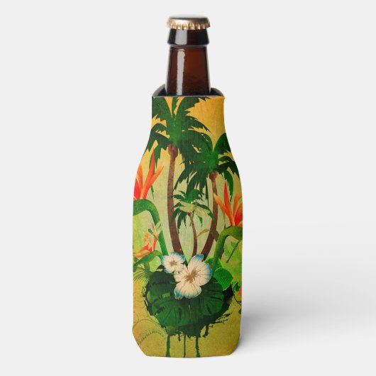 Tropisch ontwerp met bloemen en palmbomen flesjeskoeler (Fles Voorkant)
