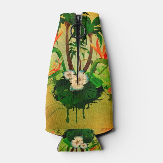 Tropisch ontwerp met bloemen en palmbomen flesjeskoeler (Achterkant)