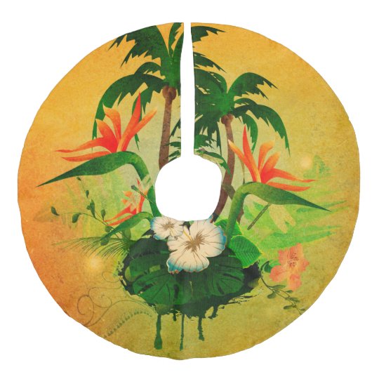 Tropisch ontwerp met bloemen en palmbomen imitatie linnen kerstboom kleed (Voorkant)