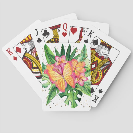 Tropisch ontwerp met vlinder en bloemen pokerkaarten (Achterkant)