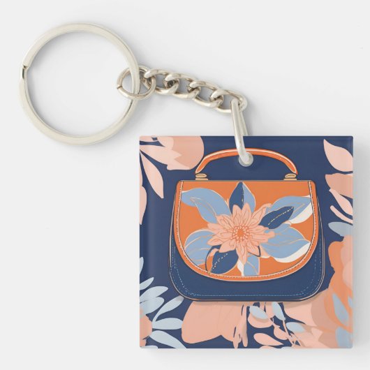 Tropisch Oranje Blauwe AI-kunst Sleutelhanger (Voorkant)