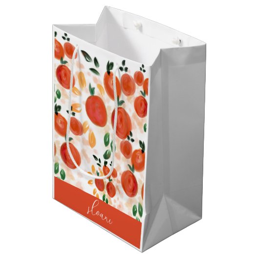 Tropisch Oranje en bladpatroon Medium Cadeauzakje (Voorkant Gekanteld)