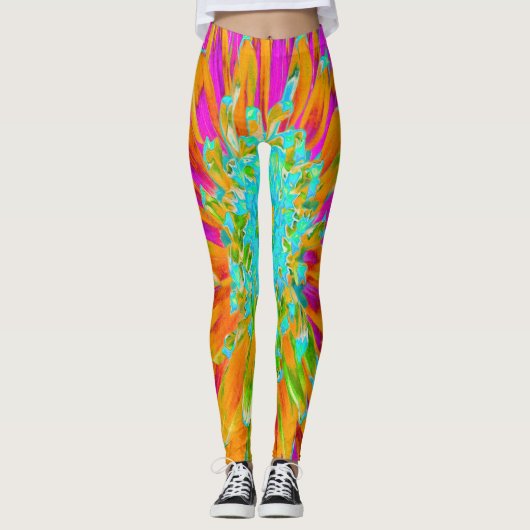 Tropisch Oranje en warm roze decoratieve Dahlia Leggings (Voorkant)
