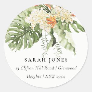 Tropisch Oranje Groen Leafy Botanisch Adres Ronde Sticker