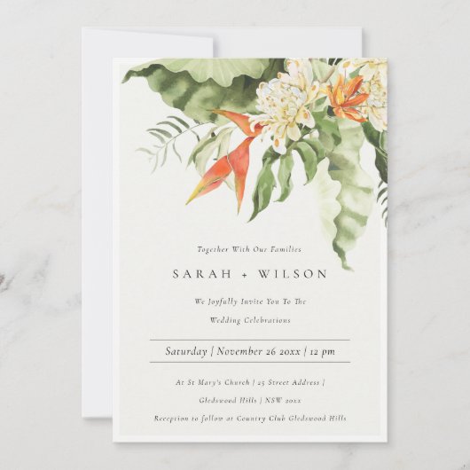 Tropisch Oranje Groene Laffy Botanical Wedding Kaart (Voorkant)