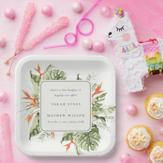 Tropisch Oranje Groene Laffy Botanical Wedding Papieren Bordje (Feest)