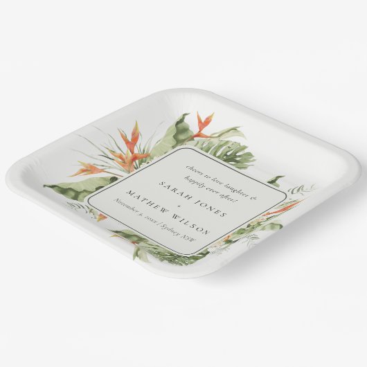 Tropisch Oranje Groene Laffy Botanical Wedding Papieren Bordje (Gebogen)