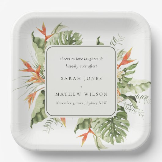 Tropisch Oranje Groene Laffy Botanical Wedding Papieren Bordje (Voorkant)