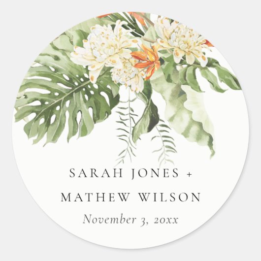 Tropisch Oranje Groene Laffy Botanical Wedding Ronde Sticker (Voorkant)