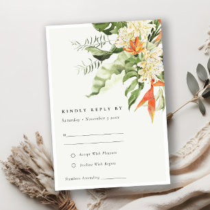Tropisch Oranje Groene Laffy Botanical Wedding RSVP Kaartje