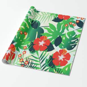 Tropisch Oranje Hibiscus Groen Monstera Bladeren Cadeaupapier