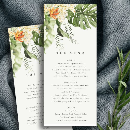 Tropisch Oranje Leafy Botanical Wedding Menu Kaart