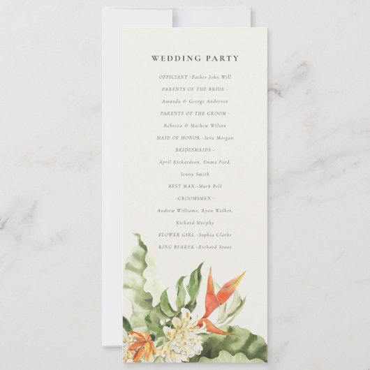 Tropisch Oranje Leafy Botanical Wedding Programme Kaart (Achterkant)