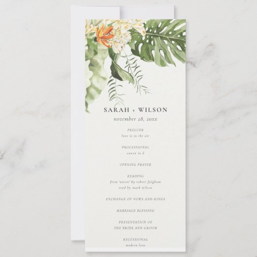 Tropisch Oranje Leafy Botanical Wedding Programme Kaart (Voorkant)