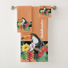 Tropisch Oranje monogram naam Toucan Bathroom Bad Handdoek