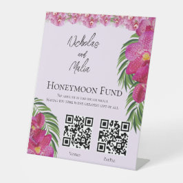 Tropisch Orchid Wedding QR Code Honeymoon Fund Reclamebord Met Voetstuk