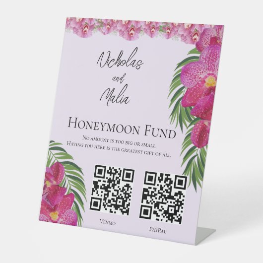 Tropisch Orchid Wedding QR Code Honeymoon Fund Reclamebord Met Voetstuk (Voorkant)