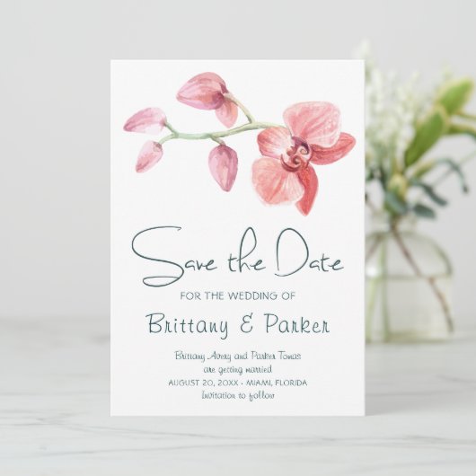 Tropisch orchidee bruiloft save the date (Staand voorkant)