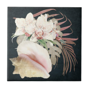 Tropisch orchidee Floral Navy Wood Beach Seashells Tegeltje