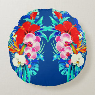Tropisch orchidee palmblad Hawaiian blauw Rond Kussen