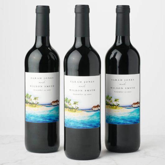 Tropisch overwater Villa Seascape Beach Weddenscha Wijn Etiket (Flessen)