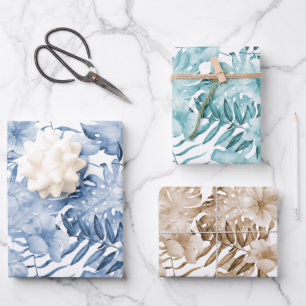 Tropisch Paars Blauw Crème Bloem Bladeren Verjaard Inpakpapier Vel