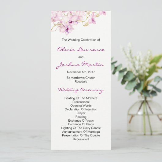 Tropisch Paarse Orchidee Aquarel Bruiloft Programmakaart (Staand voorkant)