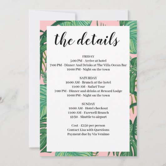 Tropisch palm Bachelorette Party reisgegevens Kaart (Achterkant)