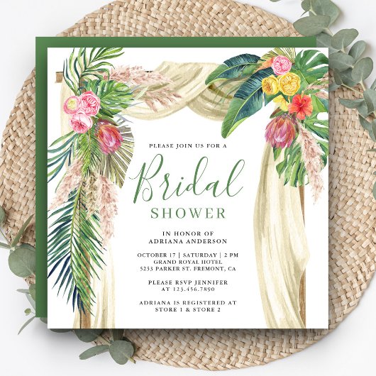 Tropisch Palm Beach Boho Pampas Boog Bruidsfeest Kaart