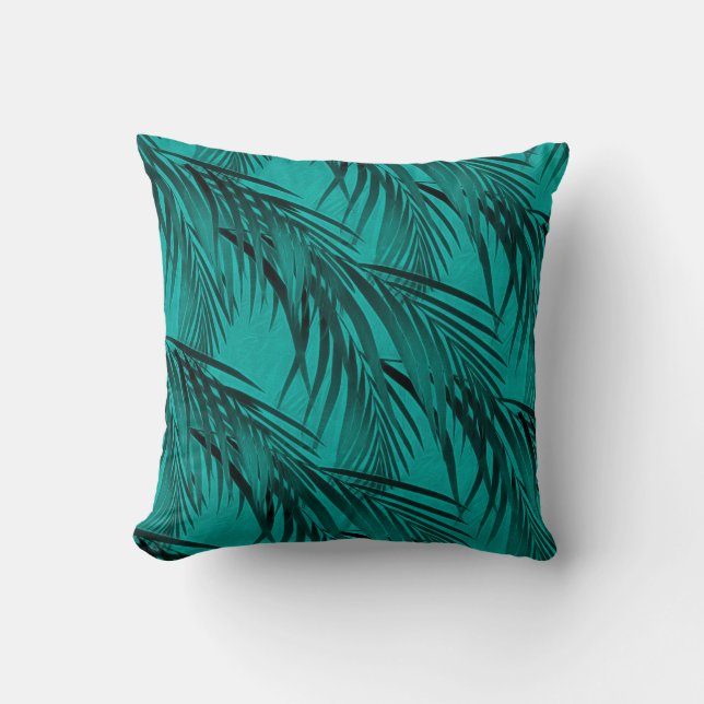 Tropisch palm-bladerpatroon | Turquoise & Blauwgro Kussen (Voorkant)