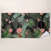 Tropisch palm blauw roze bloemkolf zwart monogram  strandlaken (Voorkant)