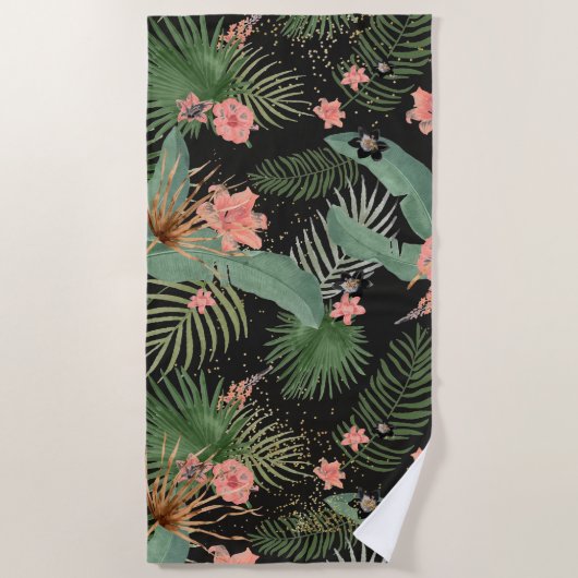 Tropisch palm blauw roze Floral Black Strandlaken (Voorkant)