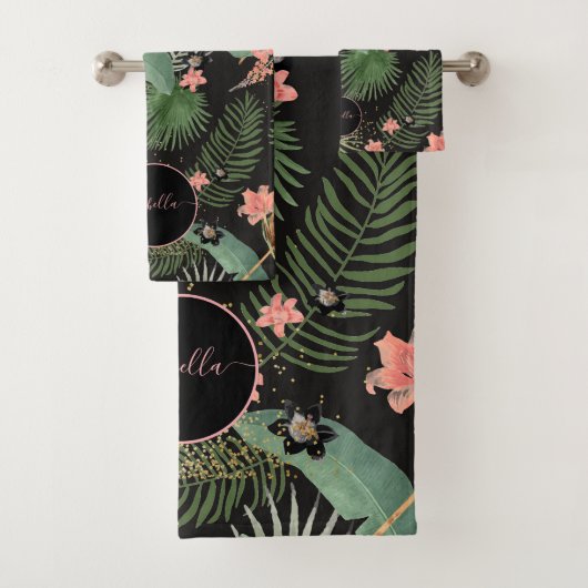 Tropisch palm blauw roze Floral monogram zwart Bad Handdoek (Insitu)