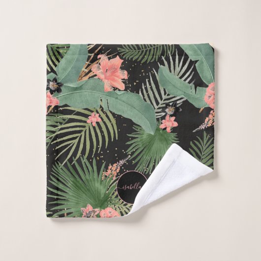 Tropisch palm blauw roze Floral monogram zwart Bad Handdoek (Wasdoekje)