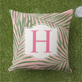 Tropisch palm blauw roze monogram buitenkussen