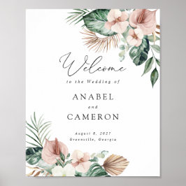 Tropisch palm bloemroze huwelijks welkomstbord poster
