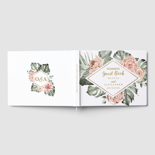 Tropisch palm en Rozen bruiloft monogram Gastenboek (Volledig)